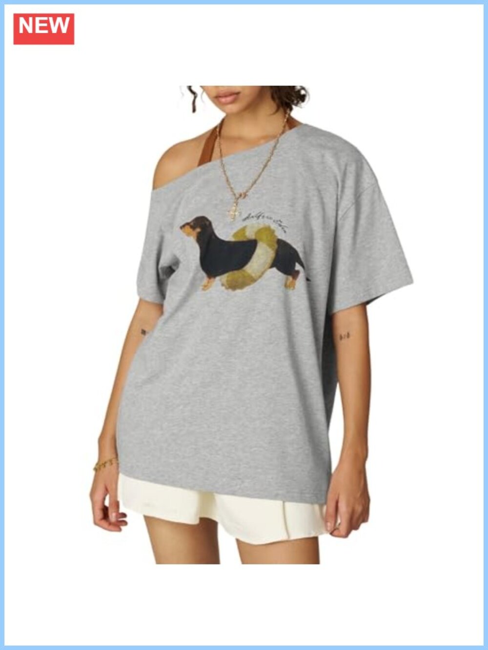 Oversized Off Shoulder Dachshund Graphic Tee Short Sleeve Crewneck Y2K